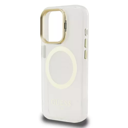 Guess IML - arany Outline Stand Camera Frame MagSafe tok, iPhone 16 Pro Max átlátszó