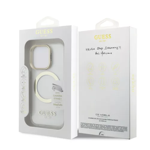 Guess IML - arany Outline Stand Camera Frame MagSafe tok, iPhone 16 Pro Max átlátszó