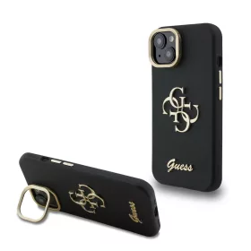   Guess PU Grained 4G Logo Stand Camera Frame tok, iPhone 15 Pro - fekete