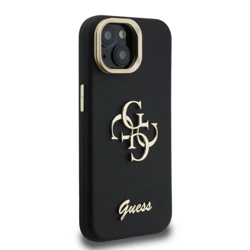 Guess PU Grained 4G Logo Stand Camera Frame tok, iPhone 15 Pro - fekete