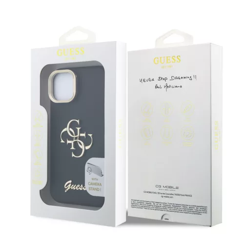 Guess PU Grained 4G Logo Stand Camera Frame tok, iPhone 15 Pro - fekete