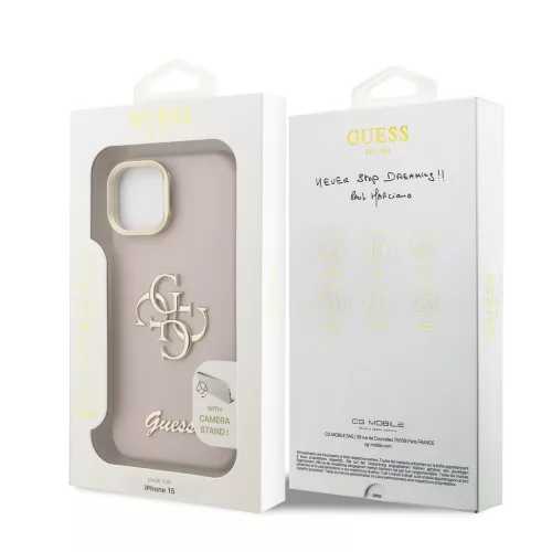Guess PU Grained 4G Logo Stand Camera Frame tok, iPhone 15 - rózsaszín
