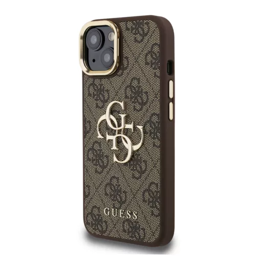 Guess PU 4G Metal Logo Stand Camera Frame tok, iPhone 15 Pro - barna