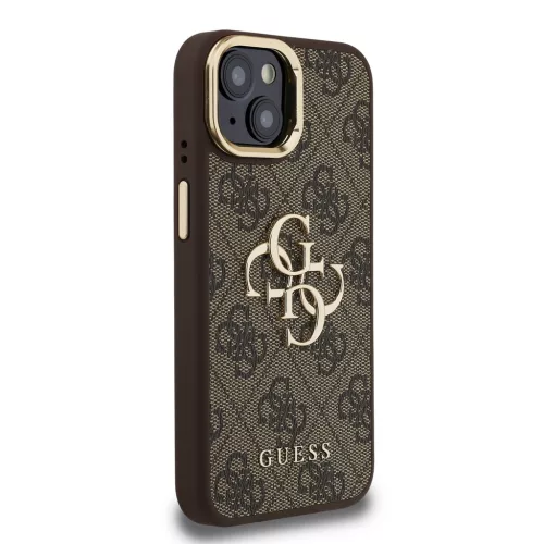 Guess PU 4G Metal Logo Stand Camera Frame tok, iPhone 15 Pro - barna