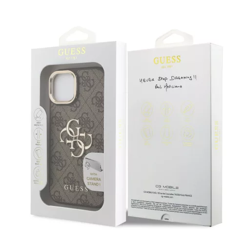Guess PU 4G Metal Logo Stand Camera Frame tok, iPhone 15 Pro - barna