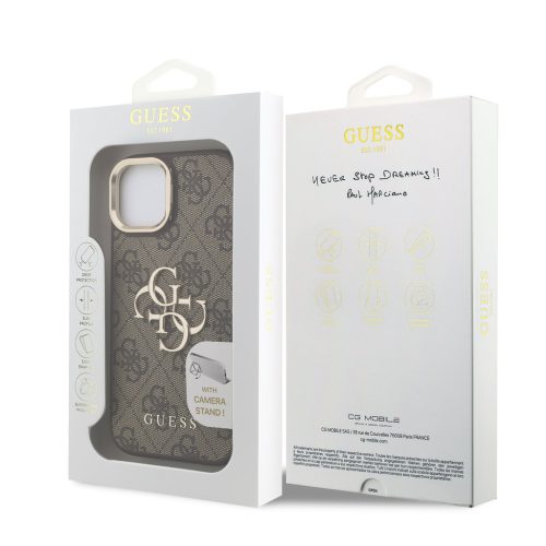 Guess PU 4G Metal Logo Stand Camera Frame tok, iPhone 16 Pro - barna