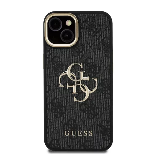 Guess PU 4G Metal Logo Stand Camera Frame tok, iPhone 15 Pro - fekete