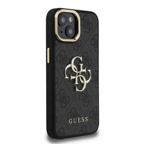 Guess PU 4G Metal Logo Stand Camera Frame tok, iPhone 15 Pro - fekete