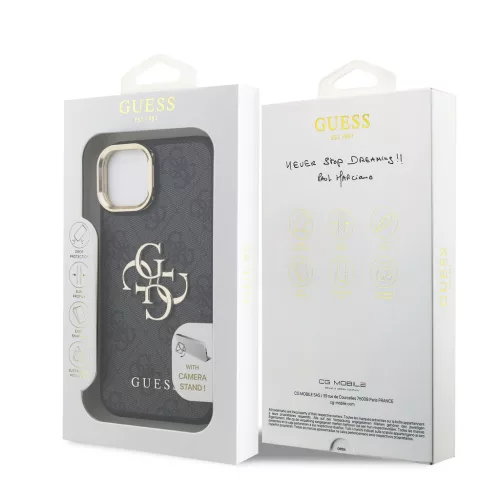 Guess PU 4G Metal Logo Stand Camera Frame tok, iPhone 15 Pro Max - fekete