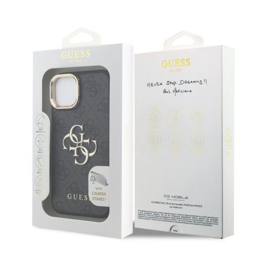 Guess PU 4G Metal Logo Stand Camera Frame tok, iPhone 16 Pro - fekete