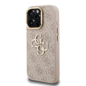   Guess PU 4G Metal Logo Stand Camera Frame tok, iPhone 15 - rózsaszín