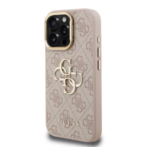 Guess PU 4G Metal Logo Stand Camera Frame tok, iPhone 15 - rózsaszín