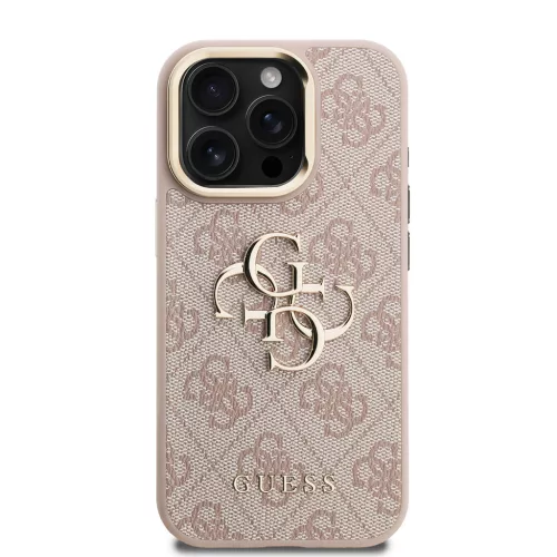 Guess PU 4G Metal Logo Stand Camera Frame tok, iPhone 15 - rózsaszín