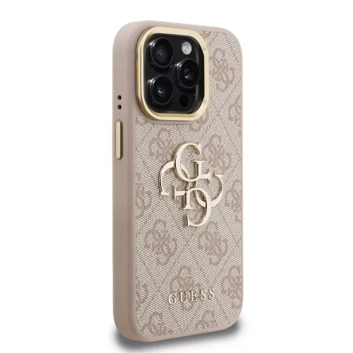 Guess PU 4G Metal Logo Stand Camera Frame tok, iPhone 15 - rózsaszín