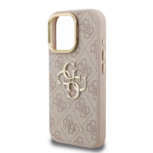 Guess PU 4G Metal Logo Stand Camera Frame tok, iPhone 15 - rózsaszín