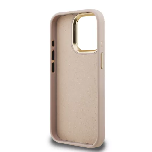Guess PU 4G Metal Logo Stand Camera Frame tok, iPhone 15 - rózsaszín