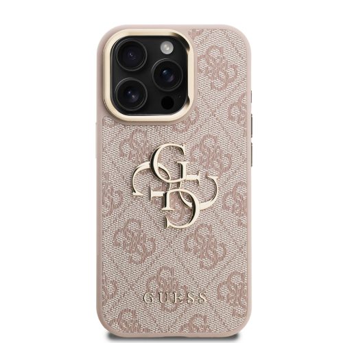Guess PU 4G Metal Logo Stand Camera Frame tok, iPhone 16 Pro - rózsaszín