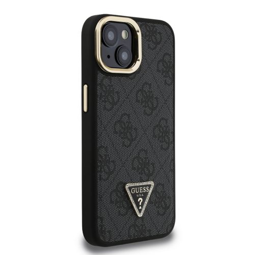 Guess PU 4G Strass Triangle Logo Stand Camera Frame MagSafe tok, iPhone 16 Pro - fekete