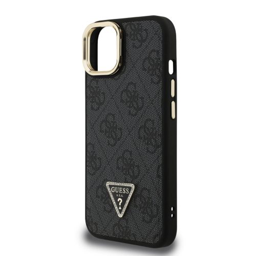 Guess PU 4G Strass Triangle Logo Stand Camera Frame MagSafe tok, iPhone 16 Pro - fekete