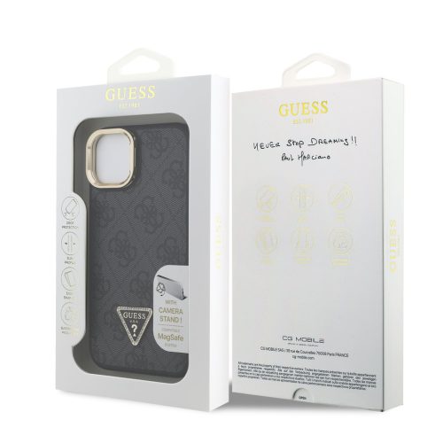 Guess PU 4G Strass Triangle Logo Stand Camera Frame MagSafe tok, iPhone 16 Pro - fekete