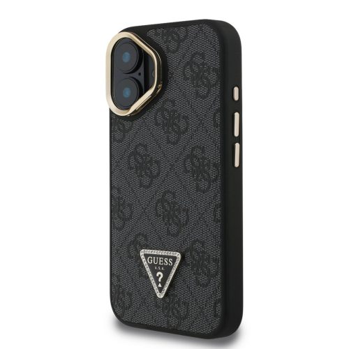 Guess PU 4G Strass Triangle Logo Stand Camera Frame MagSafe tok, iPhone 16 - fekete
