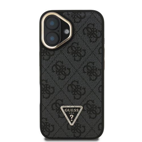 Guess PU 4G Strass Triangle Logo Stand Camera Frame MagSafe tok, iPhone 16 - fekete