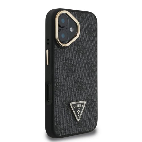 Guess PU 4G Strass Triangle Logo Stand Camera Frame MagSafe tok, iPhone 16 - fekete