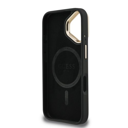 Guess PU 4G Strass Triangle Logo Stand Camera Frame MagSafe tok, iPhone 16 - fekete