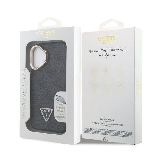 Guess PU 4G Strass Triangle Logo Stand Camera Frame MagSafe tok, iPhone 16 - fekete