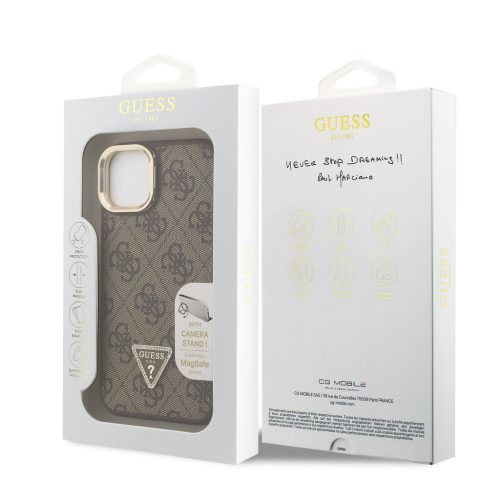 Guess PU 4G Strass Triangle Logo Stand Camera Frame MagSafe tok, iPhone 16 Pro - barna