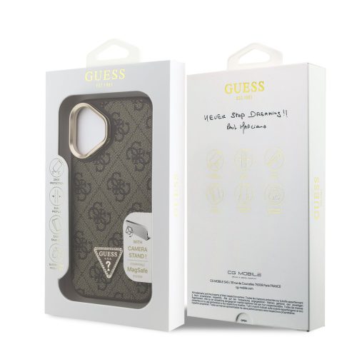 Guess PU 4G Strass Triangle Logo Stand Camera Frame MagSafe tok, iPhone 16 - barna