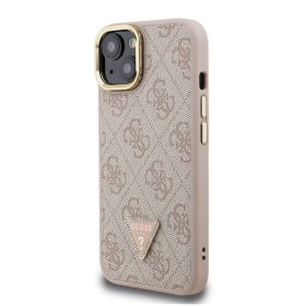   Guess PU 4G Strass Triangle Logo Stand Camera Frame MagSafe tok, iPhone 16 Pro - rózsaszín