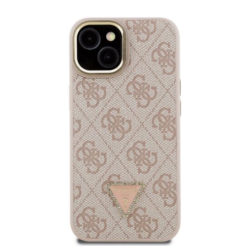 Guess PU 4G Strass Triangle Logo Stand Camera Frame MagSafe tok, iPhone 16 Pro - rózsaszín
