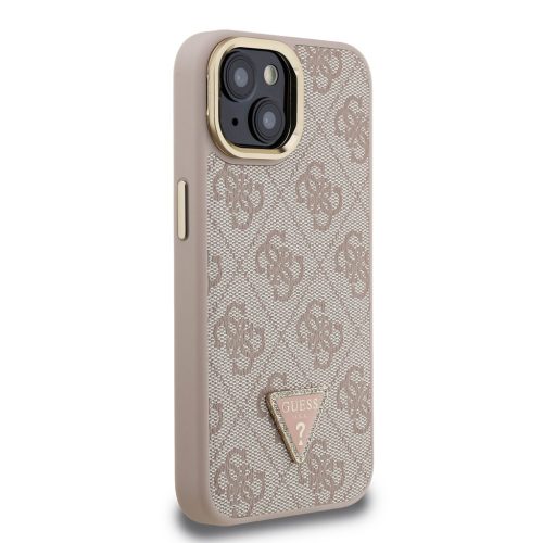 Guess PU 4G Strass Triangle Logo Stand Camera Frame MagSafe tok, iPhone 16 Pro - rózsaszín