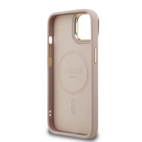 Guess PU 4G Strass Triangle Logo Stand Camera Frame MagSafe tok, iPhone 16 Pro - rózsaszín