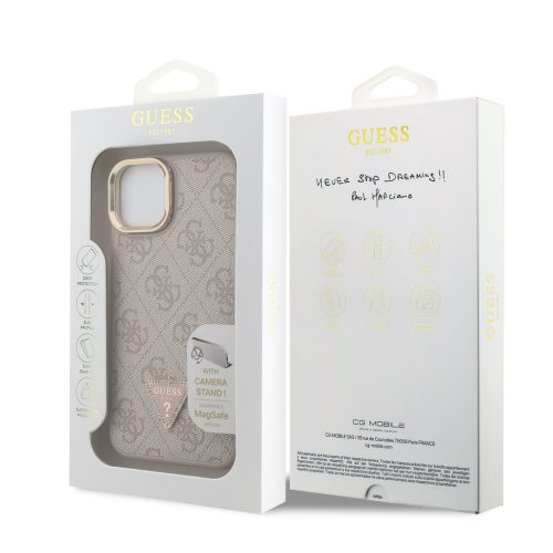 Guess PU 4G Strass Triangle Logo Stand Camera Frame MagSafe tok, iPhone 16 Pro - rózsaszín