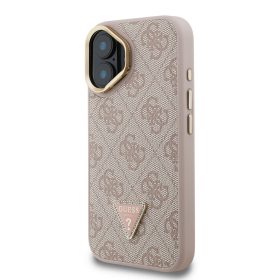   Guess PU 4G Strass Triangle Logo Stand Camera Frame MagSafe tok, iPhone 16 - rózsaszín