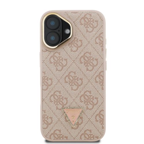 Guess PU 4G Strass Triangle Logo Stand Camera Frame MagSafe tok, iPhone 16 - rózsaszín