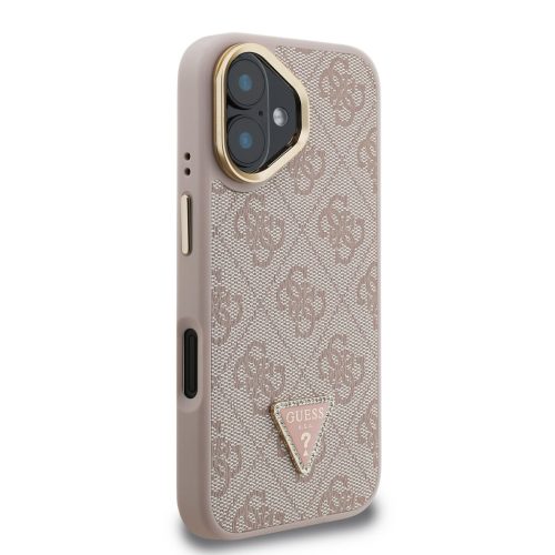 Guess PU 4G Strass Triangle Logo Stand Camera Frame MagSafe tok, iPhone 16 - rózsaszín