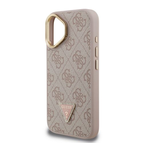 Guess PU 4G Strass Triangle Logo Stand Camera Frame MagSafe tok, iPhone 16 - rózsaszín