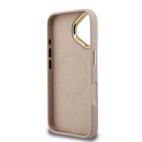 Guess PU 4G Strass Triangle Logo Stand Camera Frame MagSafe tok, iPhone 16 - rózsaszín