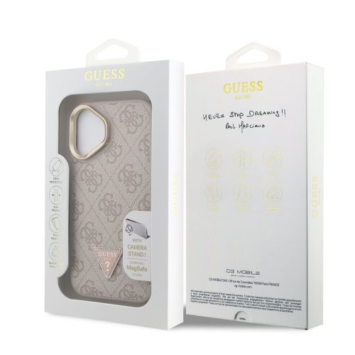 Guess PU 4G Strass Triangle Logo Stand Camera Frame MagSafe tok, iPhone 16 - rózsaszín