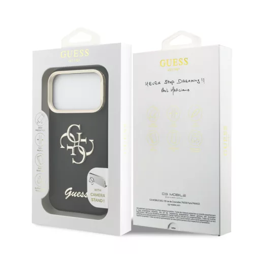 Guess PU Grained 4G Logo Stand Camera Frame tok, iPhone 17 Pro Max - fekete