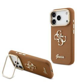   Guess PU Grained 4G Logo Stand Camera Frame tok, iPhone 17 Pro - barna