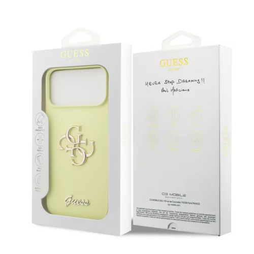 Guess Liquid Silicone 4G Metal Logo tok, iPhone 17 Pro Max - sárga