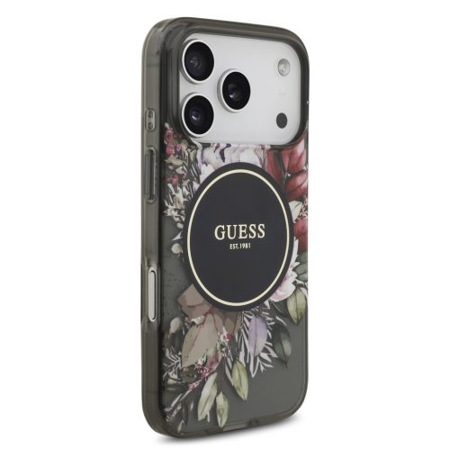 Guess IML Flowers Strap MagSafe tok, iPhone 17 Pro - fekete