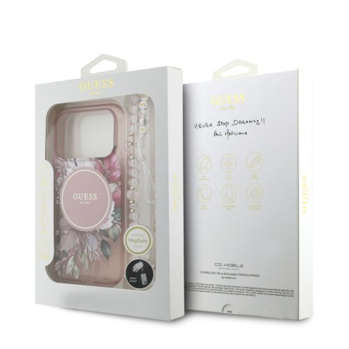 Guess IML Flowers Strap MagSafe tok, iPhone 17 Pro - rózsaszín