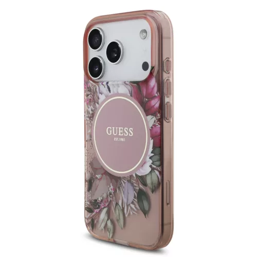 Guess IML Flowers Strap MagSafe tok, iPhone 17 Pro Max - rózsaszín