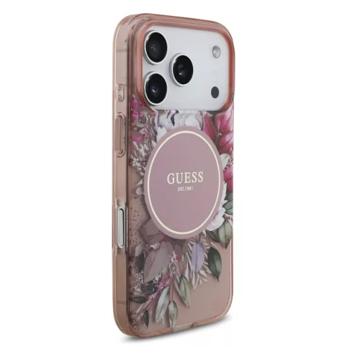 Guess IML Flowers Strap MagSafe tok, iPhone 17 Pro Max - rózsaszín