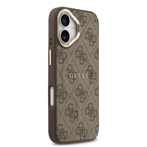 Guess PU Leather 4G arany Frame MagSafe tok, iPhone 17 - barna